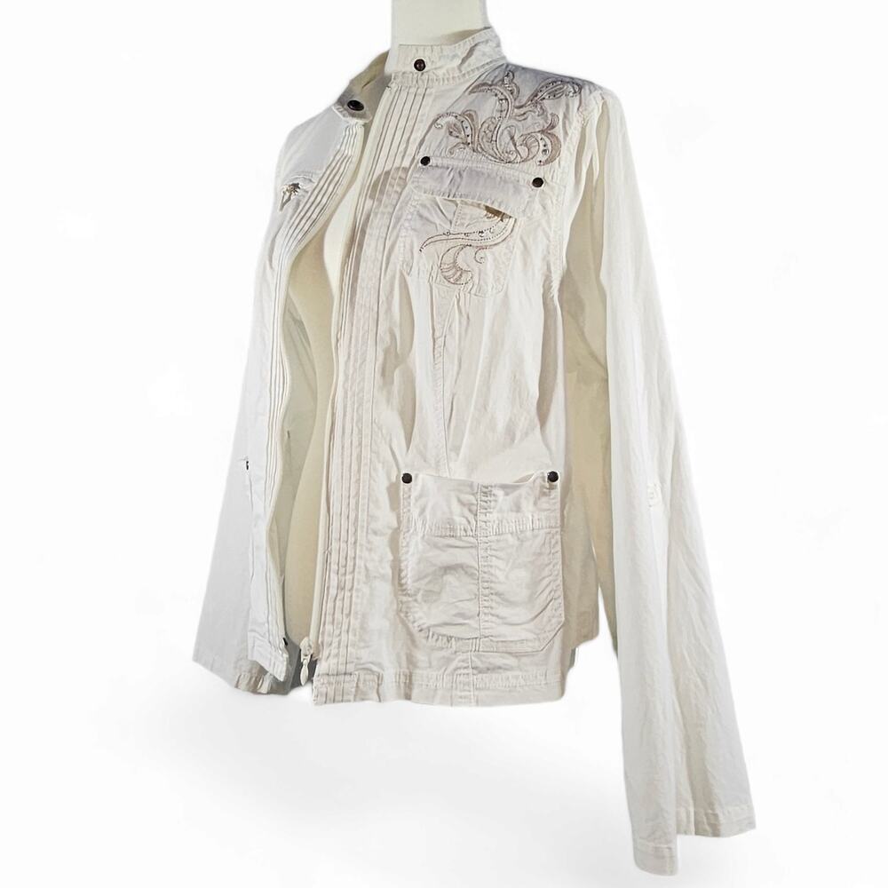 Lane‎ Bryant Embellished Lightweight Zip-Up Jacket Roll-Tab Sleeve Sz. 18 Ivory